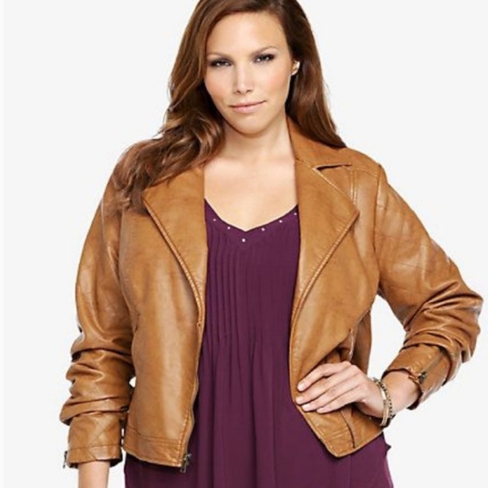 TORRID British Tan Faux Leather Moto Biker Jacket Quilted Arm Detail 18 / 20